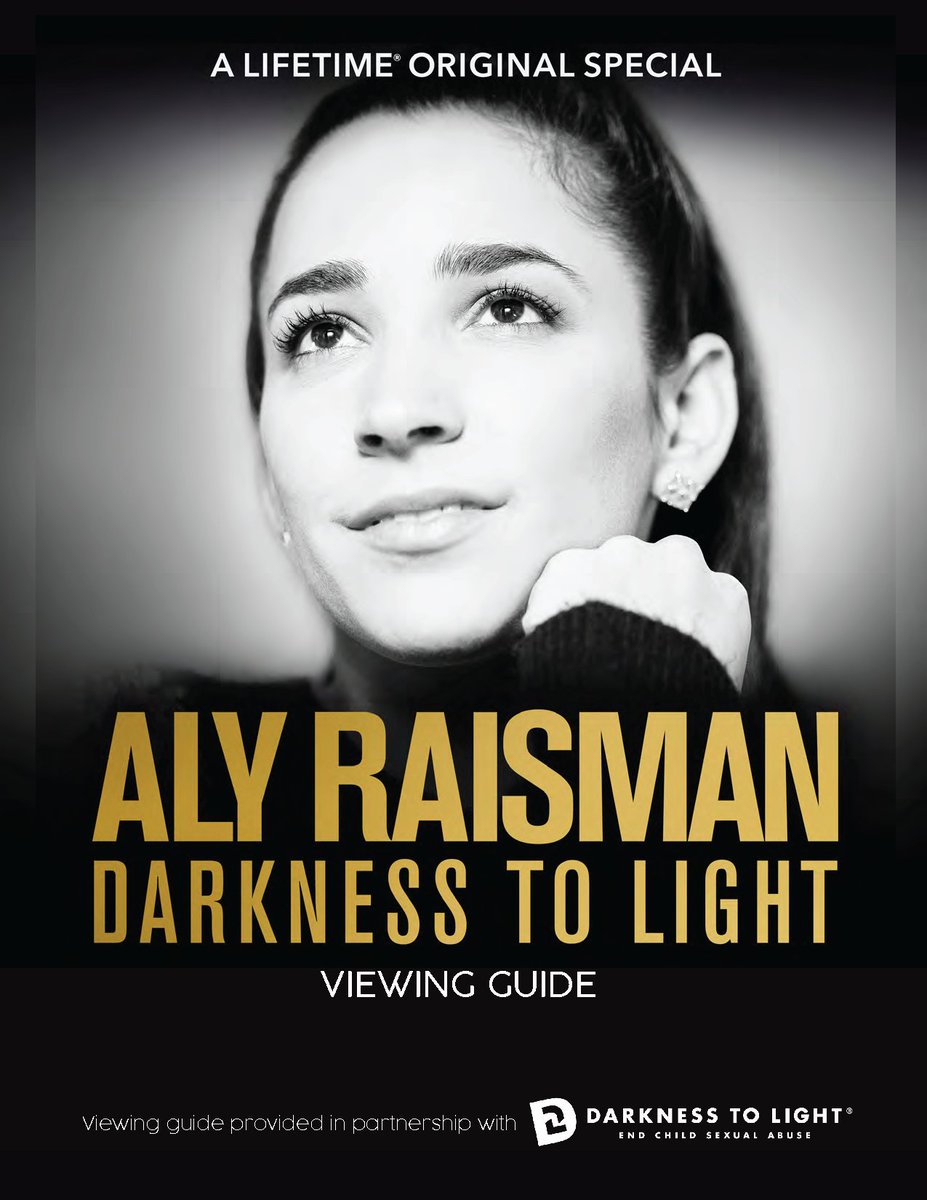 Darkness2Light's tweet photo. The 3-hour documentary special Aly Raisman: Darkness to Light premiers on @lifetimetv THIS Friday, 9/24, at 8PM EST!

Our guide has info about essential themes, questions to consider, &amp; resources that may be useful after viewing: https://t.co/vD21tUB3Be 

@Aly_Raisman https://t.co/L68UMOiwoP