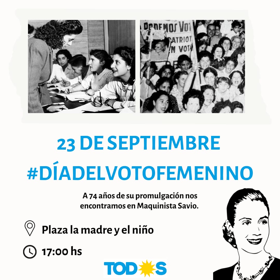 generospmesco's tweet photo. En el día de los derechos cívicos y políticos de las mujeres y a 74 años de la promulgación del #VotoFemenino, nos encontramos junto a compañeras en Maquinista Savio. 

⏰17:00 hs. 
📍Plaza la madre y el niño. https://t.co/ngZ6P9UjIv