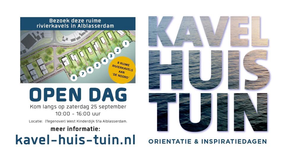 Droomt u over het bouwen van een eigen huis met uitzicht op een rivier? 

In het prachtige Alblasserdam zijn 8 unieke rivierkavels beschikbaar, waarvan wij de tuinen gaan verzorgen. Benieuwd naar de mogelijkheden? Kom aanstaande zaterdag 25 september langs op de open dag.