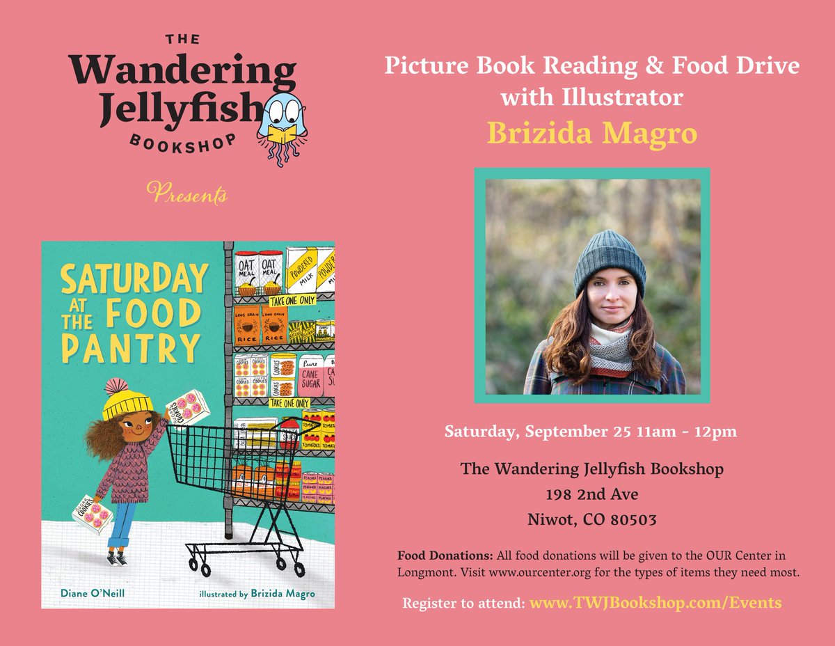 CHANGE IN VENUE: Storytime, Signing & Food Drive with #illustrator @BrizidaMagro will now take place at The Wandering Jellyfish Bookshop, NOT at Niwot Children’s Park. We hope you can join us for this wonderful event! 
#amreading #amwriting #picturebooks #twjbooks