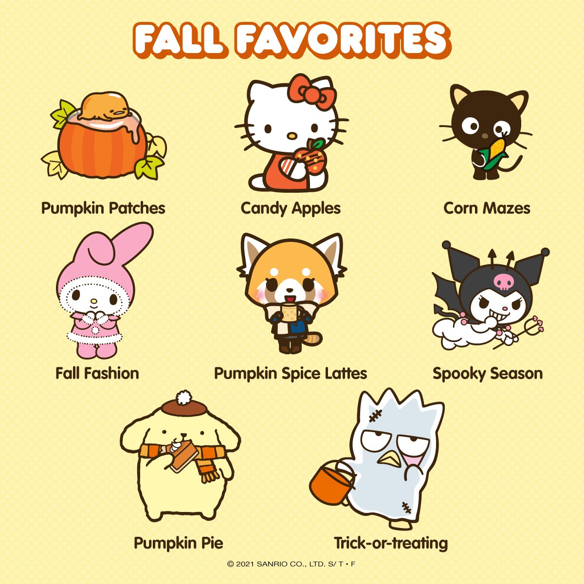 sanrio's tweet photo. What’s your favorite Fall activity? 🧡🍁 #FirstDayofFall https://t.co/N9rivTYkG6