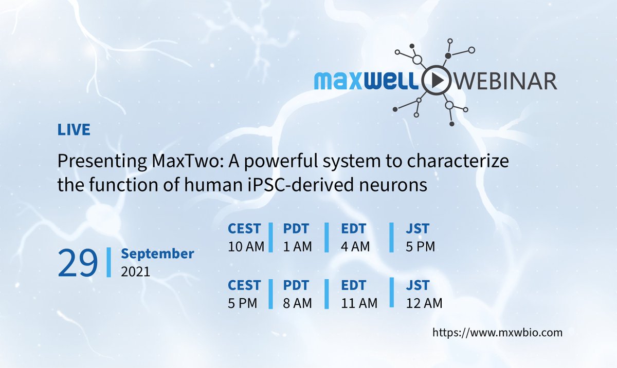 mxwbio's tweet image. We will host a new #MaxWellWebinar on Thursday titled Presenting MaxTwo: A powerful system to characterize the function of human iPSC-derived neurons!

Make sure to register today for this live demo of our #MaxTwo system with @GiulioZ7!
 
Sign-up here :buff.ly/3ktlG81