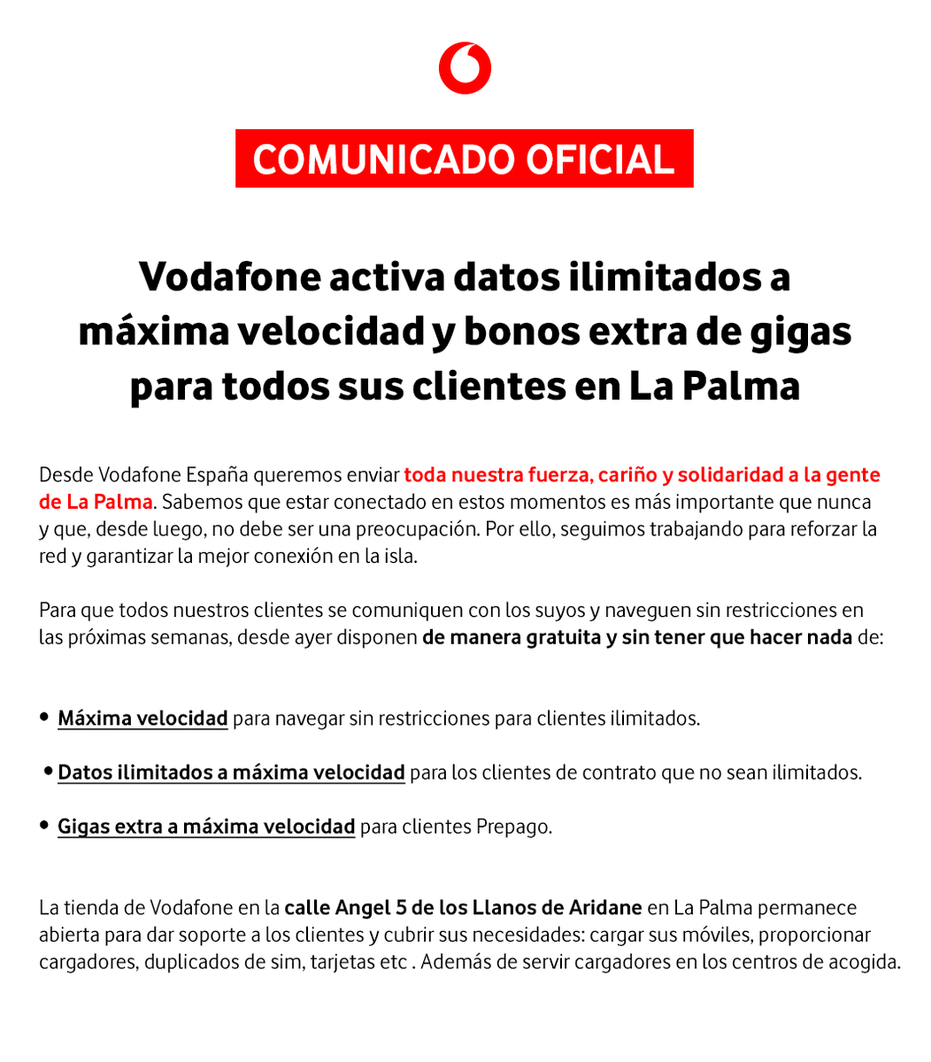 vodafone_es's tweet photo. 🔴 COMUNICADO OFICIAL | Todos nuestros clientes en La Palma disponen desde ayer de datos ilimitados a máxima velocidad o bonos extra de datos para comunicarse con los suyos y navegar sin límites 💙🤍 https://t.co/5pWWDhOI1r