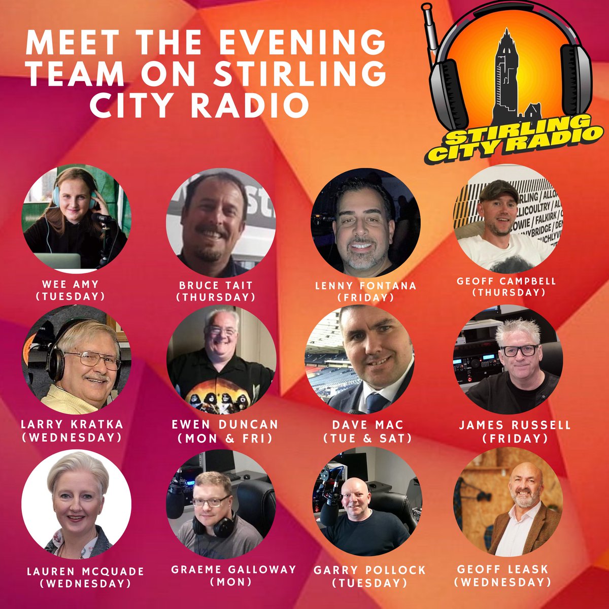 Evenings on Stirling City Radio 

Remember you can catch up with some of your favourite shows and interviews at stirlingcityradio.com/listenagain