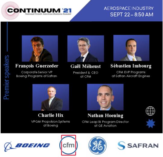 Join us at 8:50 for the Aerospace Industry's panel! 
Premier speakers from Boeing, CFM, GE Aviation, and Safran will discuss trade dispute between Europe and USA, Chinese growing influence, supply chain disruption, the unique JV CFM, and much more.
bit.ly/Continuum21