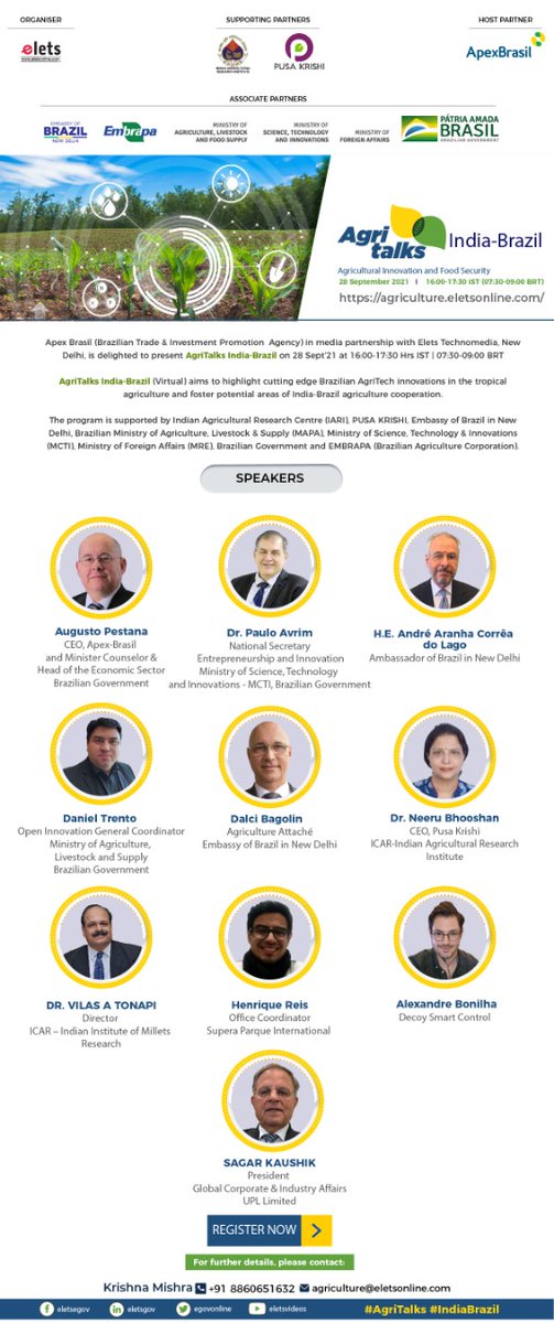eGov Magazine (@egovonline) on Twitter photo Join India-Brazil virtual dialogue on Agri-Innovations & explore the blueprint of revolutionalizing the #farm sector
#AgriTalks India-Brazil | 28 Sept | 16:00 IST | 07:00BRT
Reg: bit.ly/3zwWtxO
Visit: agriculture.eletsonline.com
#IndiaBrazil <a href="/ApexBrasil/">ApexBrasil</a> <a href="/PusaKrishi/">Pusa Krishi</a> Join India-Brazil virtual dialogue on Agri-Innovations & explore the blueprint of revolutionalizing the #farm sector
#AgriTalks India-Brazil | 28 Sept | 16:00 IST | 07:00BRT
Reg: bit.ly/3zwWtxO
Visit: agriculture.eletsonline.com
#IndiaBrazil <a href="/ApexBrasil/">ApexBrasil</a> <a href="/PusaKrishi/">Pusa Krishi</a>
