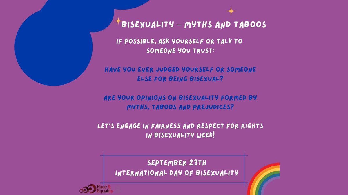raceandequality's tweet photo. (6) 🏳️🌈 Done! Let's get engaged and speak WITHOUT myths and taboos about #bisexuality
🌈In the week of #VisibilityBi make a difference for a world where everyone is given their rights, safety and quality of life in an equitable way! https://t.co/1k7T1BweTB