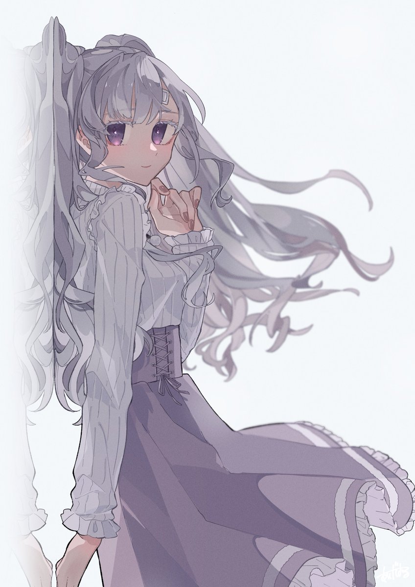 yukoku kiriko 1girl purple eyes skirt long hair grey hair white background looking at viewer  illustration images
