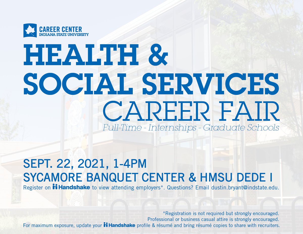 Join us today from 1-4pm in the HMSU for our Health &amp; Social Services Career and connect with over 60 employers looking to recruit Indiana State students. #recruitblue