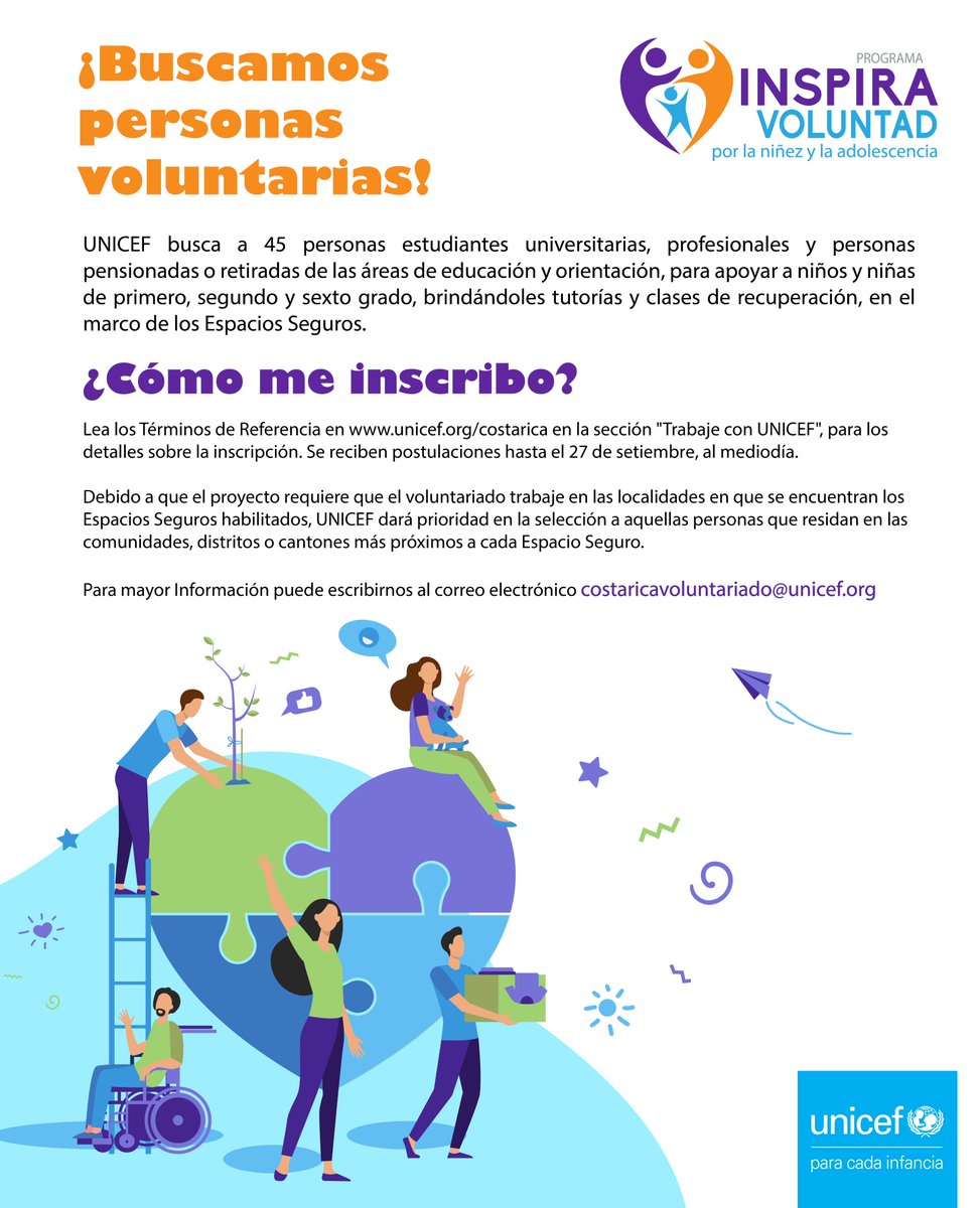 ¡Buscamos personas voluntarias!

Si sos estudiante universitaria, profesional/pensionada de las áreas de educación y orientación.

Te buscamos para apoyar a niños y niñas de 1er, 2do y 6to grado, brindándoles tutorías y clases de recuperación.

Info: unicef.org/costarica/trab…