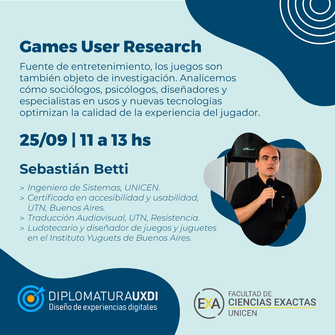 Nueva Clase Abierta UXDI "Games User Research", a cargo del Ing. <a href="/se6as/">Sebas</a> . Sábado 25/9 a las 11 en nuestro canal de YouTube (bit.ly/uxdi-youtube). Anotate para recibir más info: bit.ly/uxdi-recibirav… #uxresearch #ux #uxdi @DiplomaturaUXDI  <a href="/FCEx_UNICEN/">EXACTAS UNICEN</a>