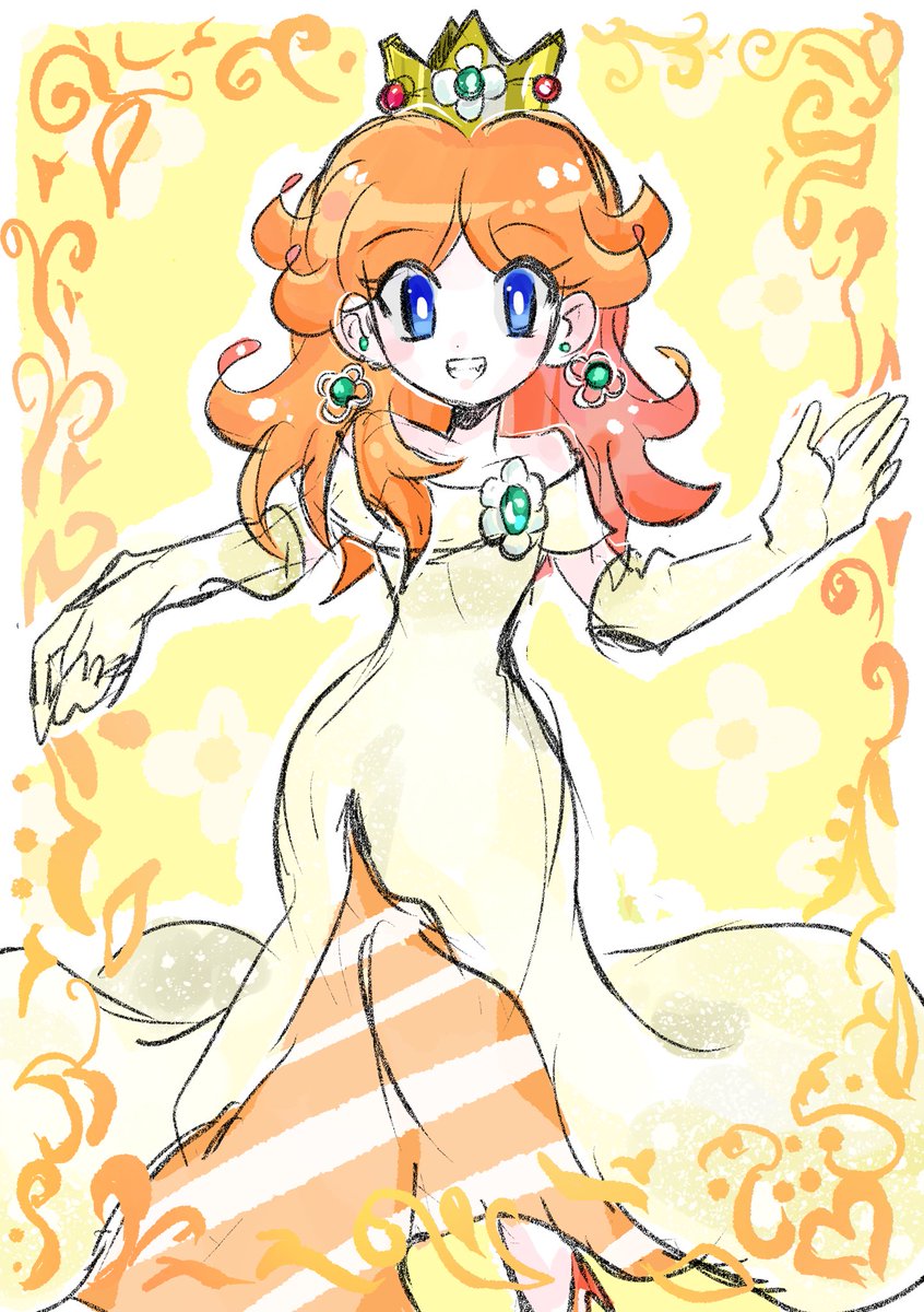 princess daisy 1girl solo dress blue eyes earrings gloves jewelry  illustration images