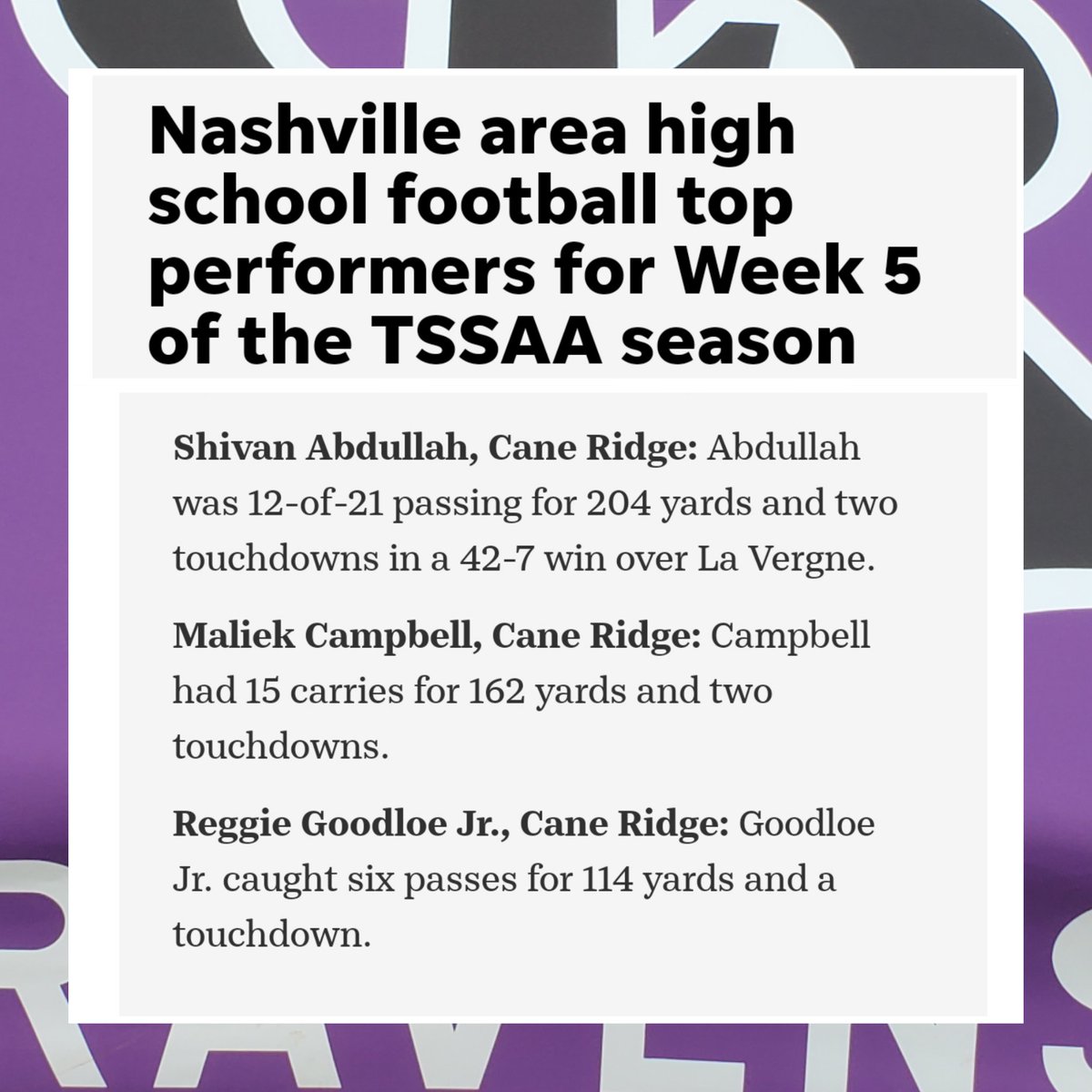 Top Performers for Week 5
Congratulations <a href="/abdullah_shivan/">Shivan Abdullah</a> <a href="/10kplug_/">maliek campbell</a> <a href="/ReggieGoodloe/">LuhReg3️⃣🎸</a> 💜🖤
<a href="/cane_ridge/">Cane Ridge Athletics</a> <a href="/CaneRidgeHS/">Cane Ridge HS</a> <a href="/CRHS_FBBoosters/">Cane Ridge Boosters</a> <a href="/Cane_RidgeFB/">CaneRidgeFootball</a> <a href="/CaneRidgeBBall/">Cane Ridge Basketball</a>
