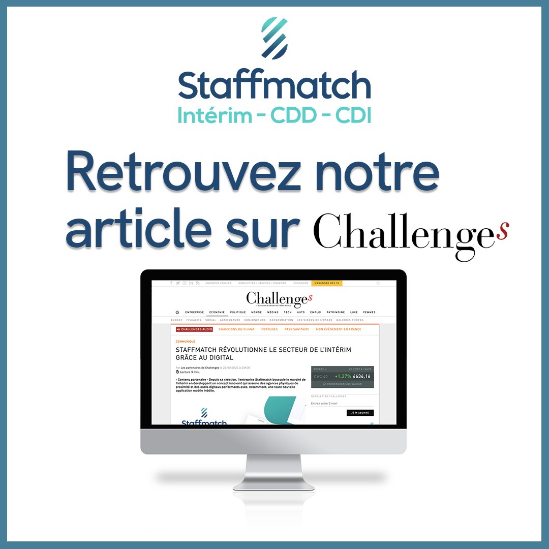 Retrouvez notre dernier article sur Staffmatch dans le célèbre magazine @challenges, ou nous présentons la société et notamment notre vision révolutionnaire du travail de l’intérim et enfin l’innovation autour de notre offre digitale. challenges.fr/economie/staff…