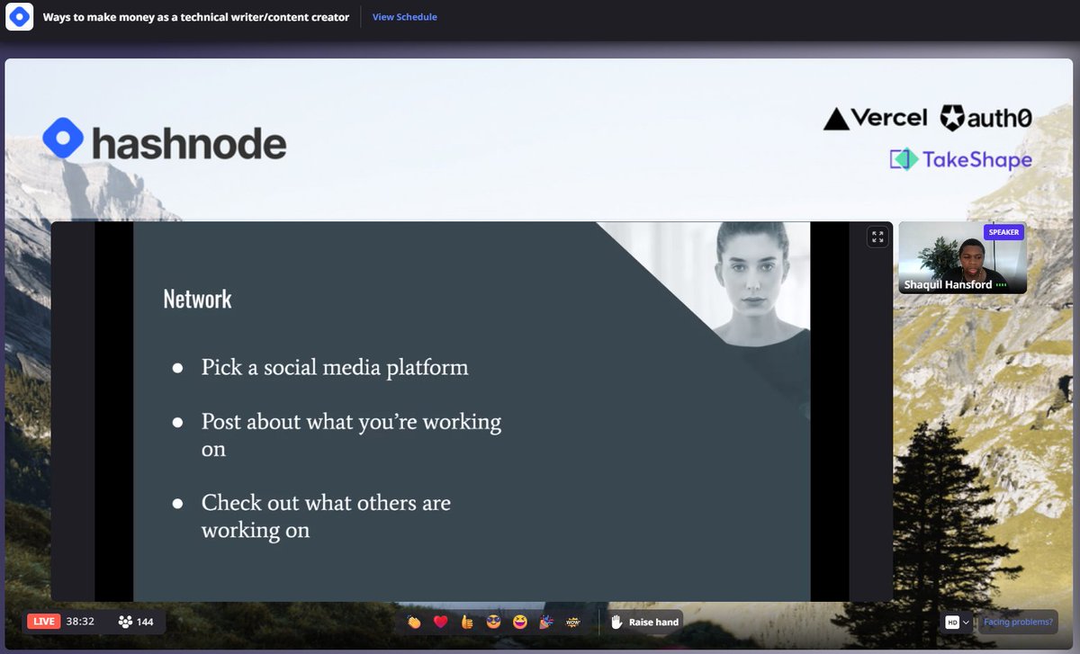 BatsouElef's tweet image. Are you watching #HashnodeBootcamp?!

@shaquilhansford is sharing some serious knowledge.