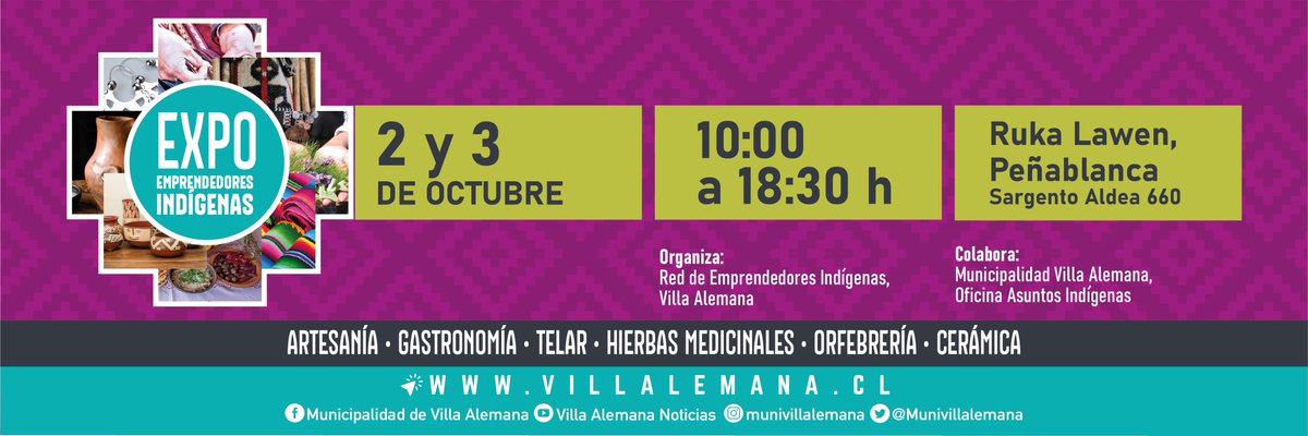 2 y 3 de octubre 📣, no te pierdas la Expo de Emprendedores Indígenas 🌿
Disfrutaras de gastronomía, artesanía, y mucho más ✌
Desde las 10:00 a 18:30 Horas 
Ruka Lawen, Peñablanca (Sargento Aldea 660) 

<a href="/witrapuran/">Ruka Lawen</a> 
<a href="/Munivillalemana/">Municipalidad de Villa Alemana</a>