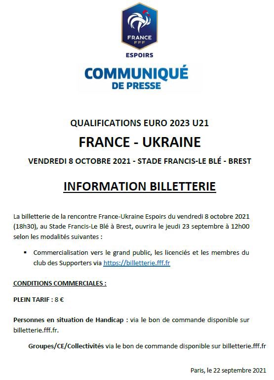 yannper1's tweet photo. La billetterie pour le match France - Ukraine Espoirs, du 8 octobre prochain à Brest, ouvre demain. Les modalités ici 👇🏻🇫🇷 https://t.co/rseDYdy9Qz