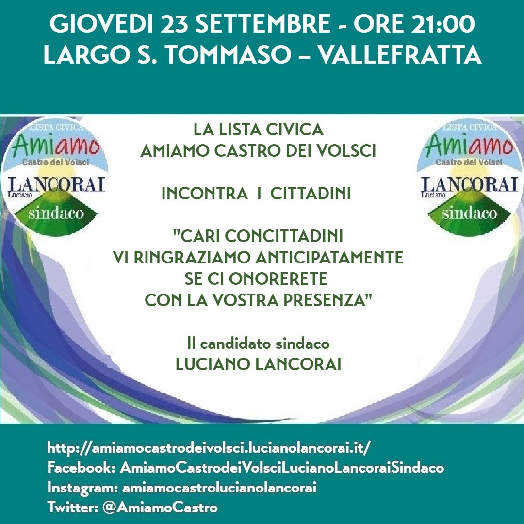AmiamoCastro's tweet photo. Giovedì 23 Settembre 2021 ore 21:00
#trasparenza #disponibilta #organizzazione #partecipazione #sicurezza #difesadeideboli

#amiamocastrodeivolsci 
#LucianoLancoraiSindaco https://t.co/KwjPYWVK8T