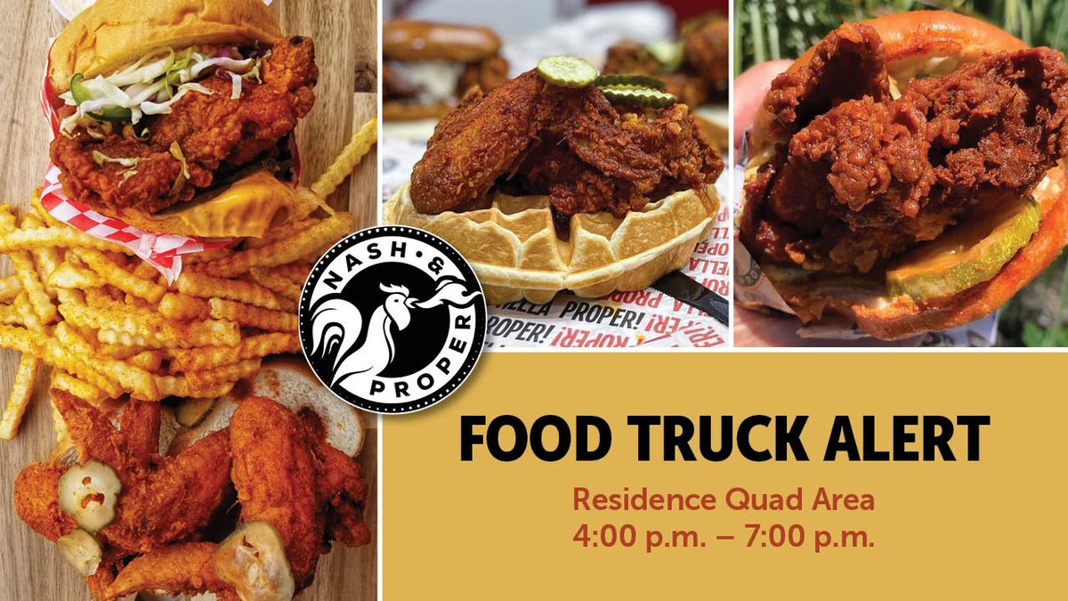 sacstatedining's tweet image. How ‘bout some Nashville Hot Chicken?!! Belly up and visit Nash and Proper’s food truck today! Grab some Cluckin’ Hot tenders, or maybe a Sammich, just don’t forget the pickles too! YUM! #hornetsdining