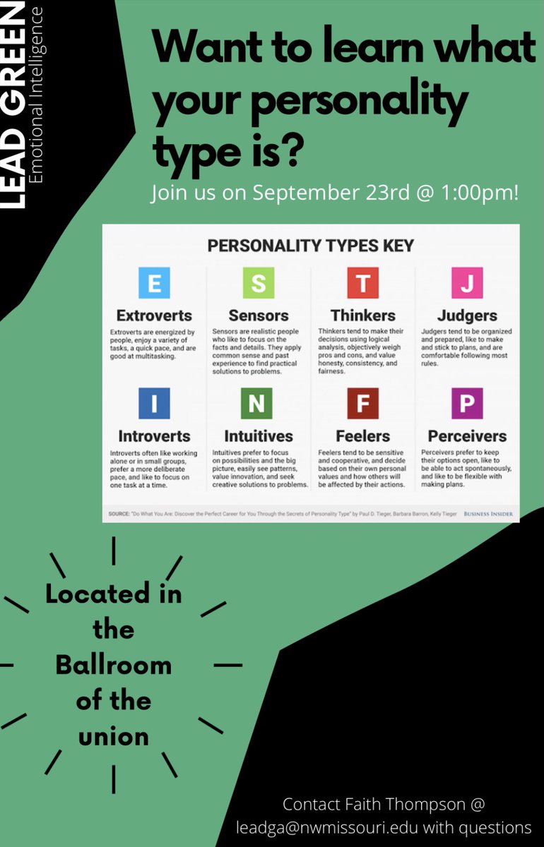 NWLeadGreen's tweet photo. Our first presentation on the year is tomorrow at 1pm in the Ballroom! Learn about your personality type and emotional intelligence!⭐️ https://t.co/575ycBYITs