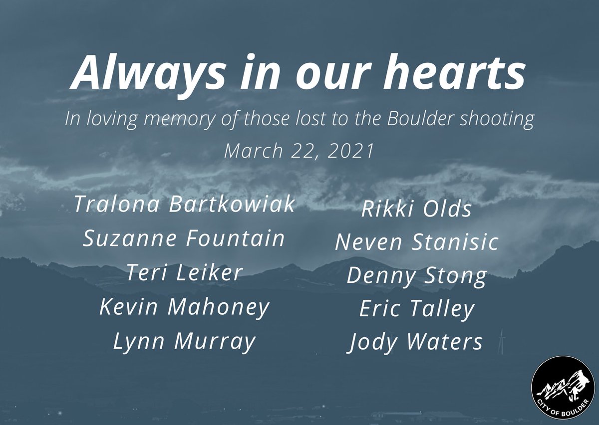 It has been six months since we lost ten #Boulder community members. Join us tonight as we honor them by stepping outside to take 10 slow breaths followed by 10 minutes of silence. #TenTogether. bouldercolorado.gov/boulderstrong