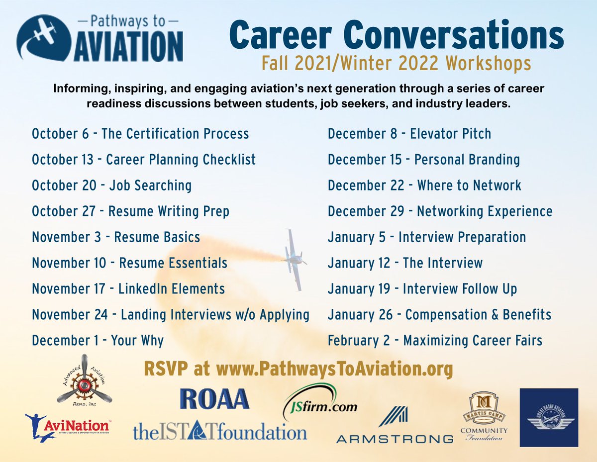 New Workshop Series announced! If you're interested in attending or being a guest speaker at an upcoming workshop, contact us right away. 

Speaker schedule located at pathwaystoaviation.org/partners/works…
#avgeek #careers #jobs #gethired  #avgeek #aviation #aerospace #STEM #education