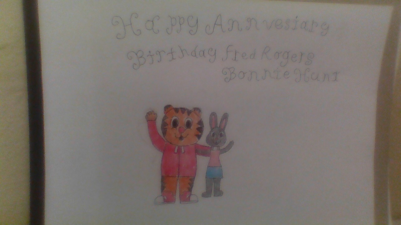 Happy Anniversary And Birthday To Mister Rogers And Bonnie Hunt.

I Drew Daniel Tiger And Bonnie Hopps Celebrating. 