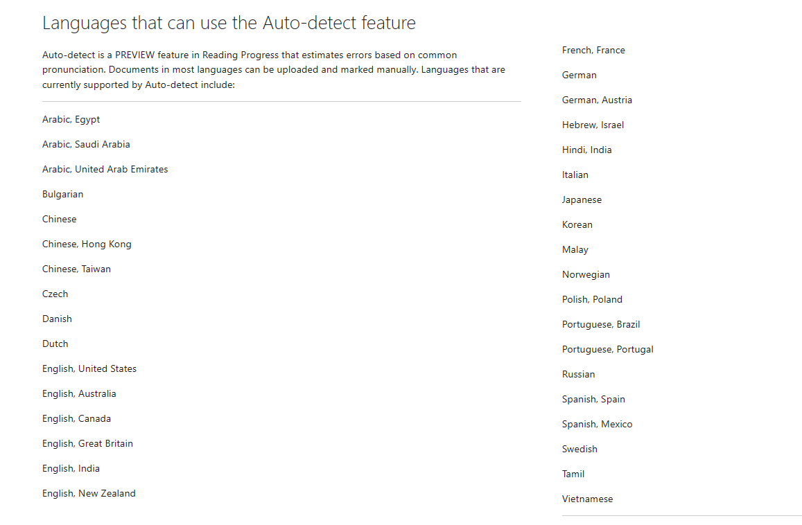 A common question I hear 👂 "Mike, the Reading Progress auto-detect feature is only for English, right...?"

WRONG! We support in 37 languages and locales (preview) 😱  

Full list 👉 aka.ms/ReadingProgres… 

#edtech #MicrosoftTeams #MIEExpert #ELL #MicrosoftEDU
