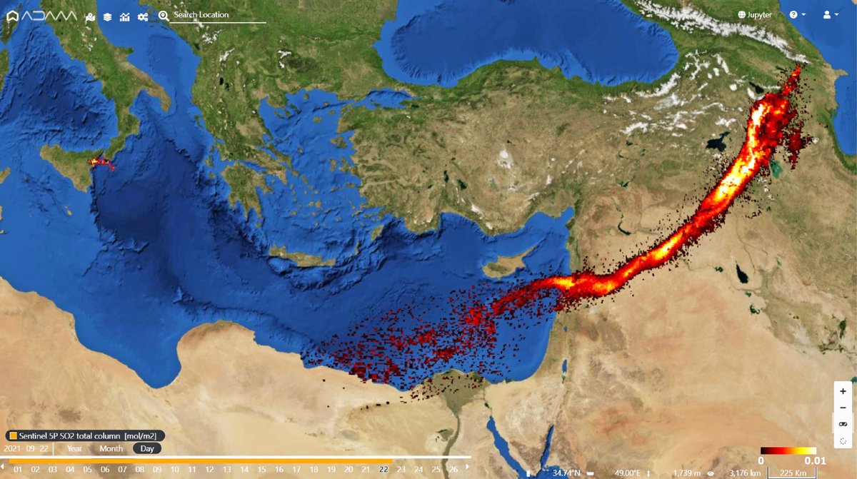 Almost 3000km in one day. The SO2 plume from the #Etna eruption of yesterday was detected today Sep. 22 by #Copernicus #Sentinel5p reaching #Caspian Sea, confirming <a href="/CopernicusECMWF/">Copernicus ECMWF</a> CAMS forecasts. A little signal over Siciliy is also visible. #Airquality #volcano #Sicily #Italy
