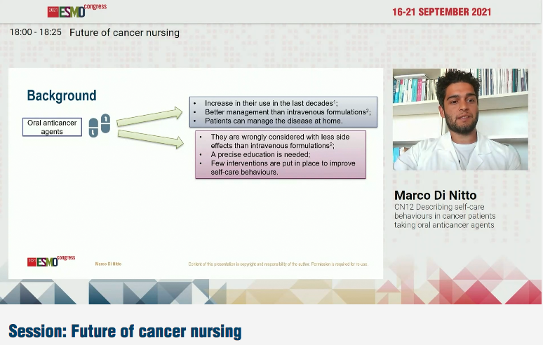 ΕΟΝS14 Closing session: Describing self-care behaviours in cancer patients taking oral anticancer agents (Novice Research Dissemination Award #2) by Marco Di Nitto. Join the conversation with #EONS14 and #ESMO21.