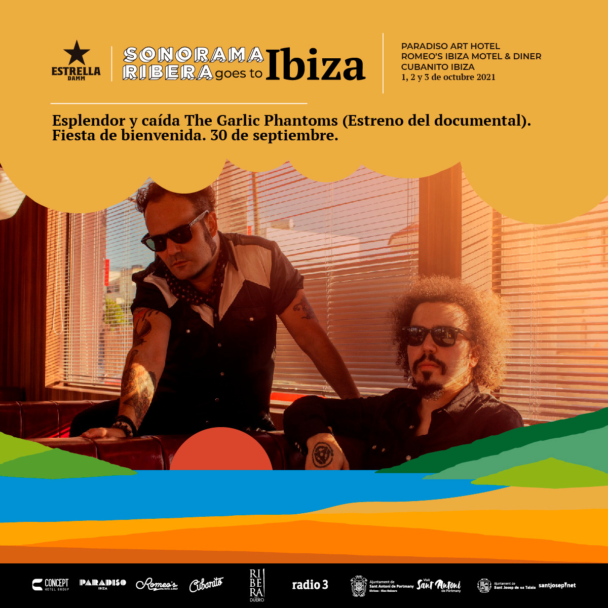 ¡Más actividades paralelas en #SonoramarRiberaIbiza! 
Estrenaremos el documental "Esplendor y caída The Garlic Phantoms", un cinta impactante repleta de un buen número de caras conocidas de la música y que sin duda no dejará a nadie indiferente.
