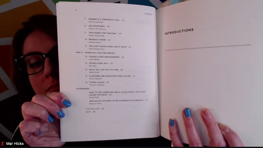 clancynewyork's tweet photo. @claudiakincaid @techno_kavi Appreciating @histoftech's low-tech/hi-tech holding up print volume to show Table of Contents while Kavita Phillip speaks. Zoom team work. @techno_kavi #EdCDCS #DigitalSocialScience https://t.co/C0xNeUjF4b