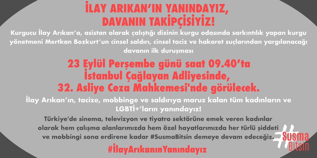 KurguDayanisma's tweet image. Kurgucu İlay Arıkan'ın açtığı davanın ilk duruşması yarın (23 Eylül 2021) 09:40'ta İstanbul Çağlayan Adliyesi'nde. Kurgu yönetmeni Mertkan Bozkurt’un cinsel saldırı, taciz ve hakaret suçlarından yargılanacağı davada Kurgucular Dayanışması olarak #İlayArıkanınYanındayız