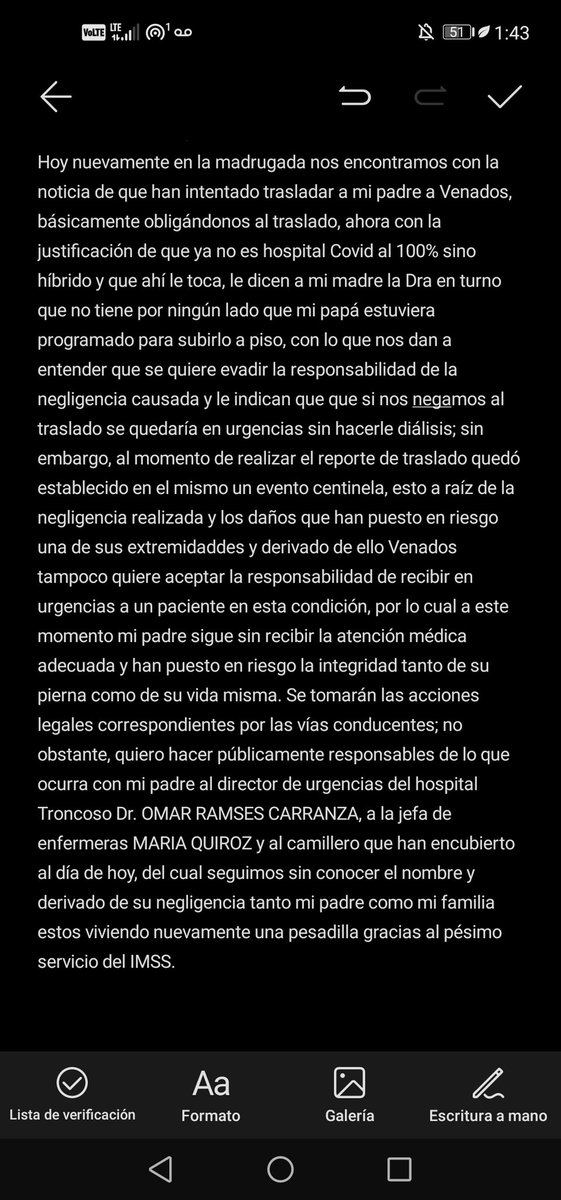 nestvm's tweet photo. Solicito el apoyo para RT.
Hago responsable al Dr. Omar Carranza, Director de urgencias en el Hospital de Troncoso de @Tu_IMSS en CDMX derivado de la negligencia y omisión de atención con lo que ha puesto en riesgo la integridad de mi padre. 

Relato lo ocurrido. https://t.co/l5OZk5PB5j