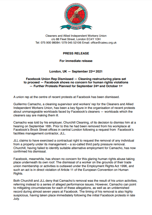 caiwuunion's tweet photo. 🚨 #BreakingNews

• Facebook Union Rep Dismissed
• Cleaning restructuring plans set to proceed
• Facebook shows no concern for human rights violations
• Further Protests Planned for September 24th and October 1st  

@JLLUK @Churchill_Group @CreaseyNeil @PhilMatis @LeahSoaft https://t.co/QeMGfmZypT