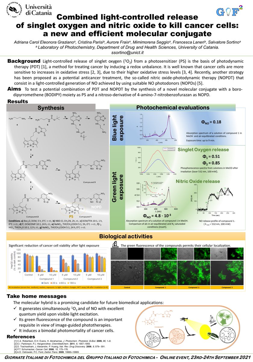 AdrianaCEGraz's tweet photo. Honored to take part in @2021_GIF2! 
I present our molecular conjugate, a fluorescent system acting as simultaneous photodonor of singlet oxygen and nitric oxide potentially suitable for imaging-guided phototherapies. https://t.co/hzgVvZCQ6t