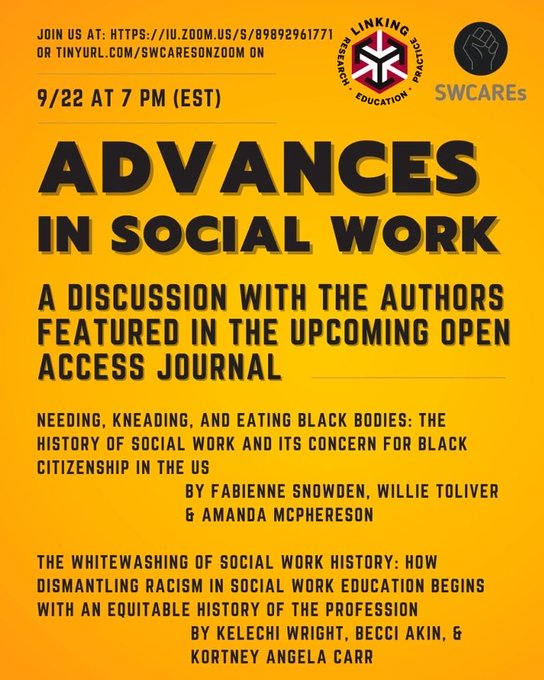 SWCARES2's tweet photo. In about 90 minutes! #EndRacismInSocialWork #SocialWorkTwitter #DismantleWhiteSupremacy #SocialWorkEducators #SocialWork 
This will be recorded for viewing later https://t.co/0wruWjOy9n