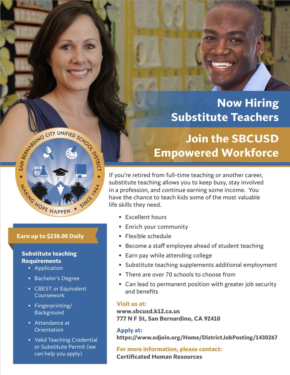 AstroKat9's tweet photo. Earn up to $230.00 daily and join the SBCUSD Empowered Workforce! 

Now accepting applications for Substitute Teachers. Details on the flyer.
 #teachers #education #students #school #teaching #substitute #sbcusd #sanbernardino #sanbernardinocounty #california https://t.co/aV5eWMpQI6