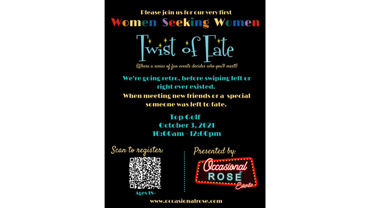 OccasionalRose's tweet photo. Women of SLC! Dust those clubs off! We hope to see all of you LGBTQ+ "Women Seeking Women" at our Twist of Fate - Top Golf Event! Please see the attached flyer and the Eventbrite link below for further details.  #SLC #SaltLakeCity #LGBTQ https://t.co/xT8L5U25hd