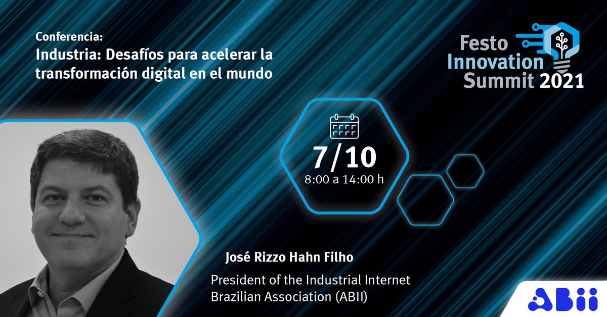 FestoColombia's tweet photo. En el #FestoInnovationSummit tendremos a José Rizzo Filho, President of the ABII - Associação Brasileira de IIoT e Indústria 4.0, quien participará en la conferencia de apertura sobre transformación digital. Conozca más e ¡inscríbase ahora! 👉https://t.co/QPgI7Jqw4e 
#FIS2021 https://t.co/I0JZMnz2w4