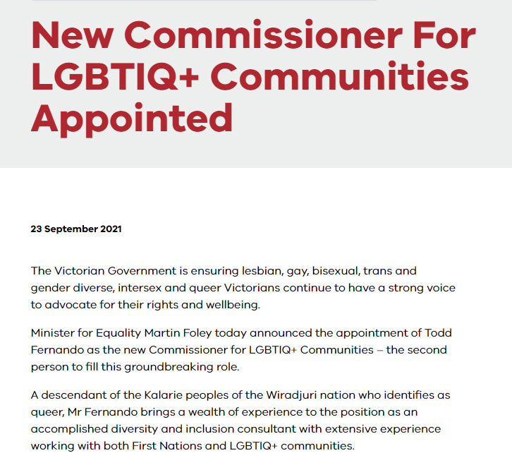 VicLGBTIQ's tweet photo. I’m honoured to be announced as Victoria’s new Commissioner for LGBTIQ+ Communities. 
These past few months Acting in the role have been a privilege and I look forward to continue the relationships I’ve begun with our amazing LGBTIQ+ communities. 
https://t.co/lumxSqylq6 https://t.co/pkWtG2Sm6N