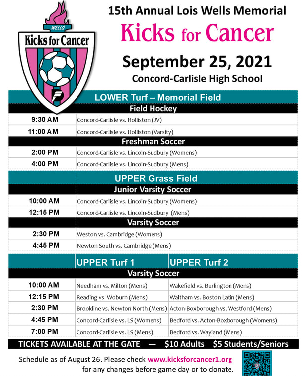 This Saturday is our annual Kicks for Cancer event. Please come support this amazing work being done by a slew of volunteers, students, coaches and community members! 
<a href="/BostonHeraldHS/">Danny Ventura</a> <a href="/GlobeLars/">Craig Larson</a> <a href="/concordjournal/">The Concord Journal</a> <a href="/KicksforCancer1/">Kicks for Cancer</a> (only update here is a 1-hour shift for GJV Soccer