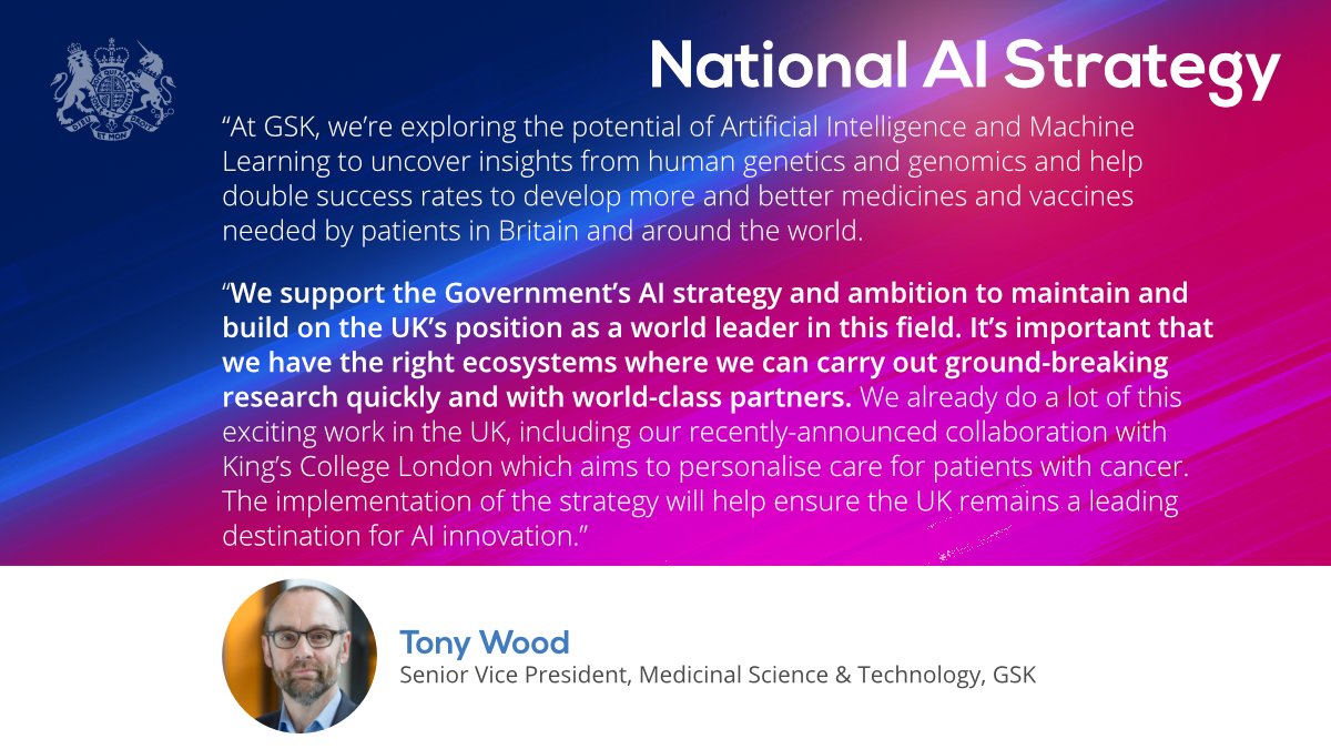 OfficeforAI's tweet photo. "We support the Govt’s AI strategy and ambition to maintain and build on the UK’s position as a world leader in this field." - Tony Wood @GSK 

#NationalAIStrategy 

https://t.co/NxXtfdv3kr https://t.co/hnA5oj8fkb