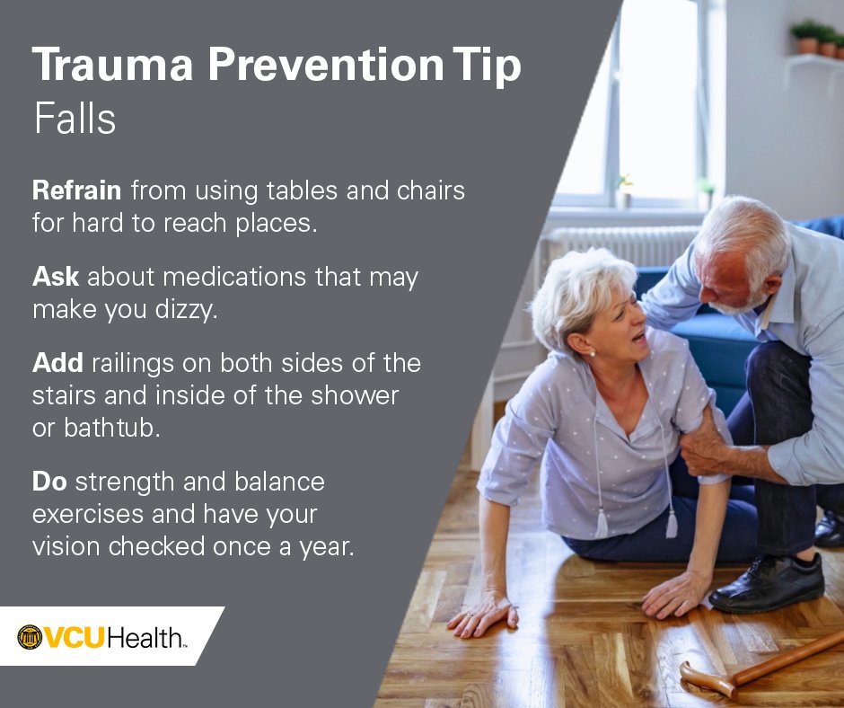 VCUHealth's tweet photo. Falls are the leading cause of traumatic brain injury in the U.S. This Falls Prevention Week let’s revisit some helpful tips to help reduce fall hazards. #VCUTrauma https://t.co/BIaHVo9e1w