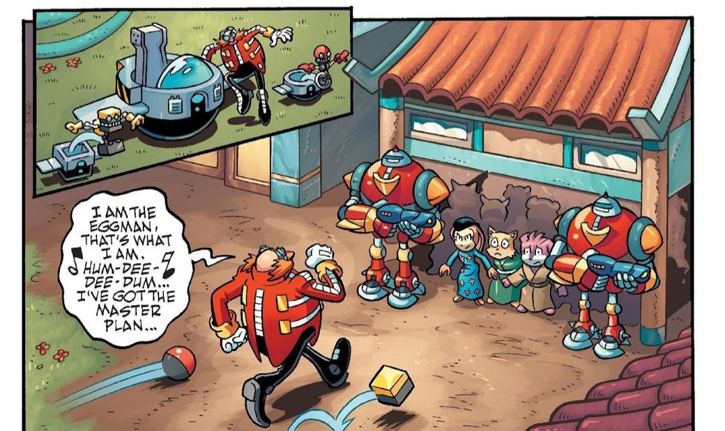In the Archie comics, the song "E.G.G.M.A.N.", from Sonic Adventure 2 appears to exist in-universe, as Eggman sings it to himself in Sonic Universe #39.

Whether or not the song exists in it's entirety is unknown. 