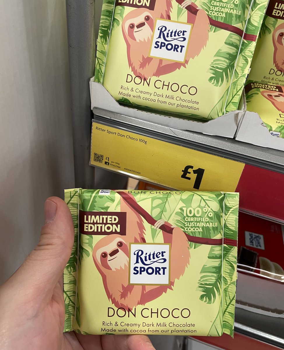 All_Things_New_'s tweet photo. Ritter Sport Don Choco! 🍫🦥 At Morrisons @rittersportuk #rittersport #chocolate #donchoco #limitededition #wellthisisnew https://t.co/6HIWlVgiXL