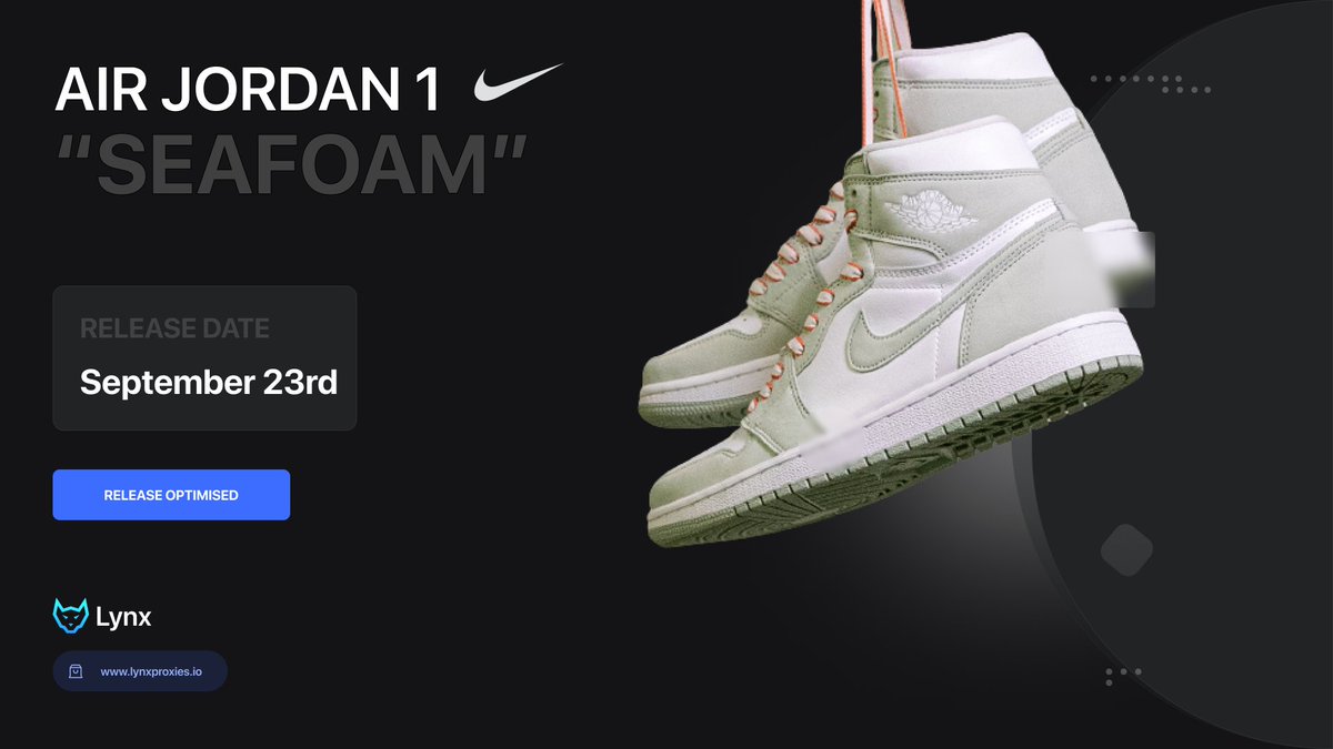 The Air Jordan 1 "Seafoam" is dropping TOMORROW! 

Looking for FL proxies? Allow us to assist you ⤵️

Buy here: lynxproxies.io
Discord invite: discord.com/invite/Ma4M5Nb…