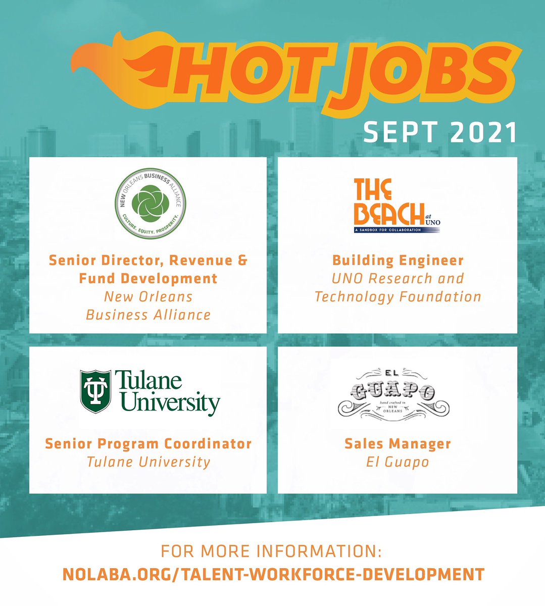 Even in the wake of #Ida, New Orleans is open for business and HIRING! See below for some great opportunities (including a chance to join our team at NOLABA) and head over to our website for more info: nolaba.org/talent-workfor…