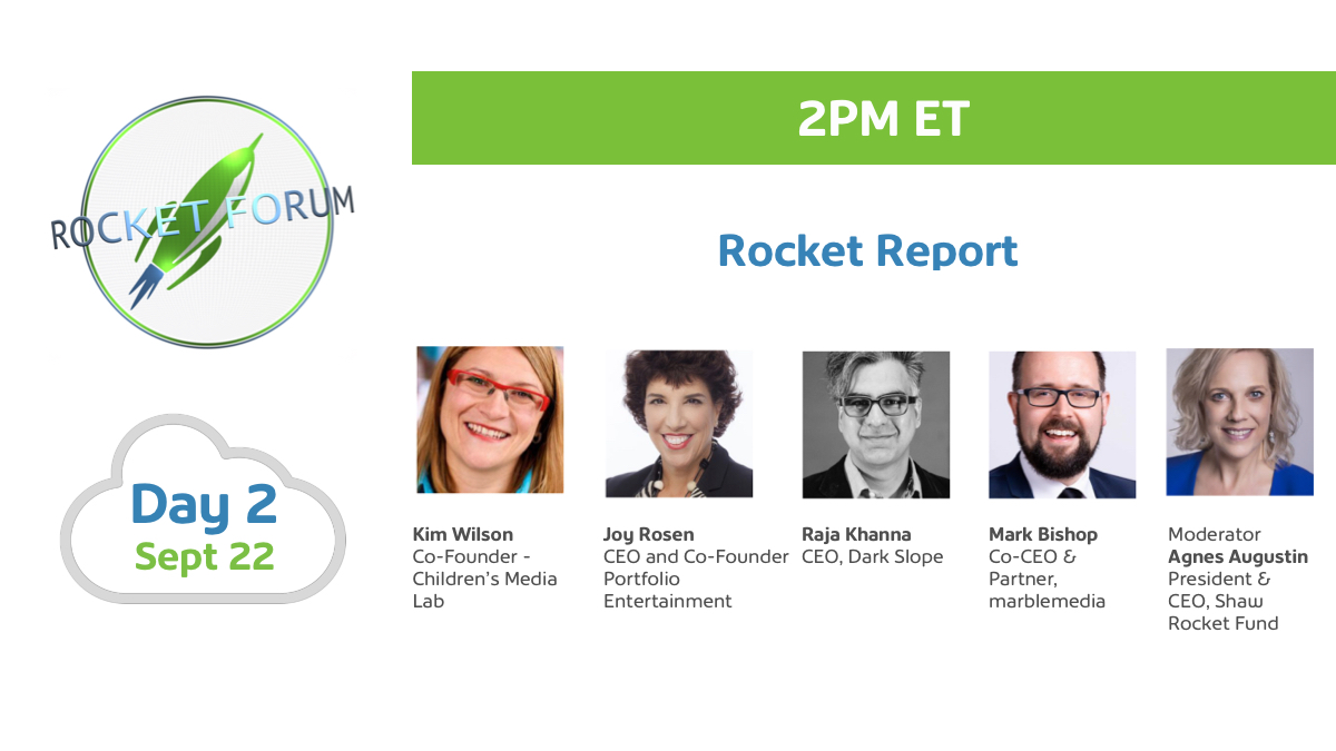 RocketFund's tweet photo. 🚀 HAPPENING AT 2PM ET: Attend our roundtable discussion about this year’s Rocket Report with #ChildrensMediaLab, @PortfolioEnt, @darkslopexr, @marblemedia and our very own @AgnesAugustin! 

Watch #RocketForum sessions free at https://t.co/Tht7bKnJxS. https://t.co/XC26WtcQt4