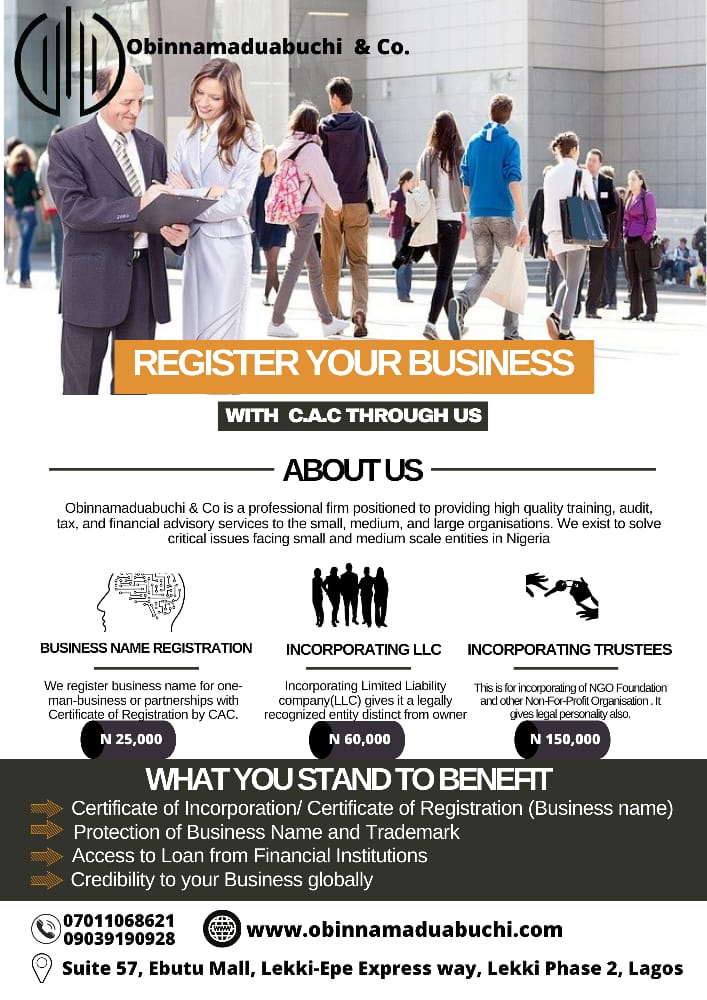 whycliff21's tweet photo. Obinnamaduabuchi&amp;Co is an affiliated agent with C.A.C. For those yet to register their businesses with Corporate Affairs Commission? 

Contact them on 09039190928 or 07011068621 or email one of their associates on timileyin@obinnamaduabuchi.com https://t.co/LXGMWl8zWk